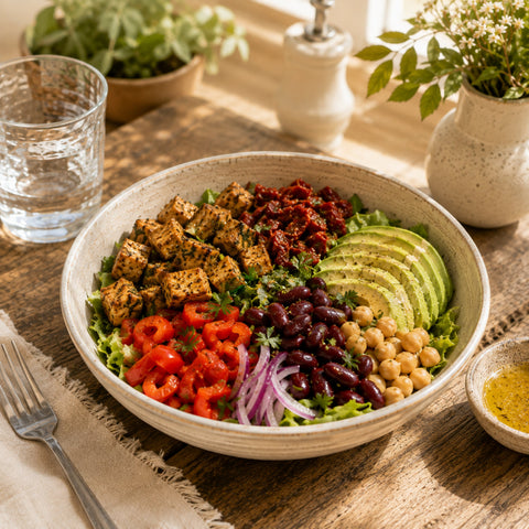 Buddha Bowl Vegan cu tofu marinat, năut, fasole roșie, avocado, ardei kapia și salată verde – Vive! Pipera