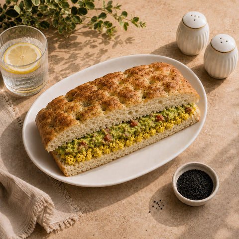 Sandwich din focaccia cu rozmarin, scrambled tofu și guacamole – Vive! Pipera