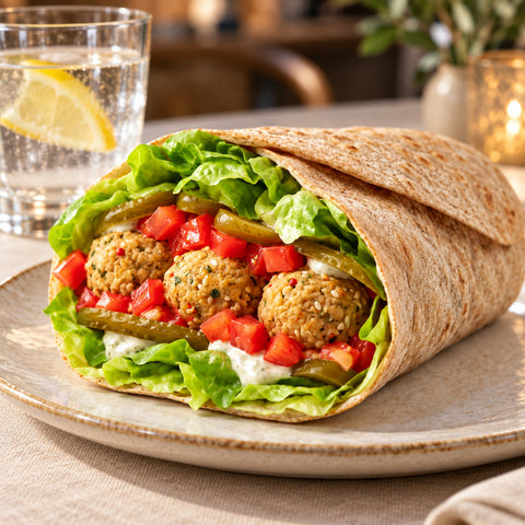 Amazing Veggie Wrap din lipie integrală cu chiftele de linte, sos tahini, roșii și salată verde – Vive! Pipera
