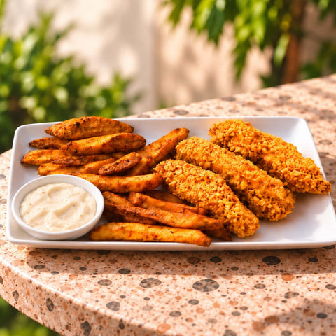 Crispy Smart Lunch cu fâșii crocante de tofu, cartofi la cuptor și sos de usturoi – Vive! Pipera