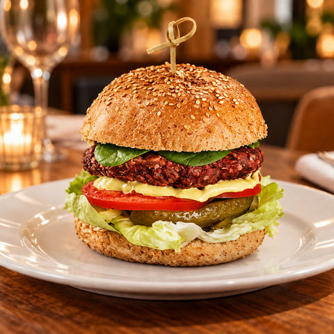 Happy Cow Burger vegan cu chiftea de năut și sfeclă roșie, roșii, castraveți murați și salată verde – Vive! Pipera