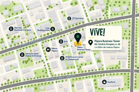 Hartă Vive! Pipera – Pipera Business Tower, Bd. Dimitrie Pompeiu nr. 6E, Sector 2, București, la 250 m de metroul Pipera