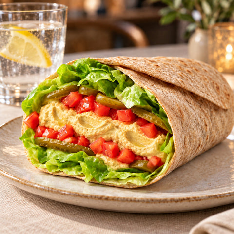 Hummus Wrap din lipie integrală cu hummus de năut, roșii, castraveți murați și salată verde – Vive! Pipera