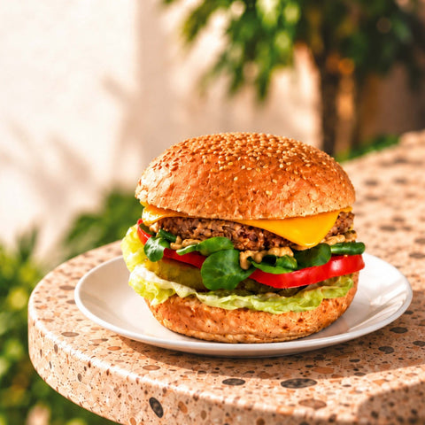 Student „Cheeseburger” Deal, burger vegan cu chiftea de ciuperci și năut, roșii și salată verde – Vive! Pipera