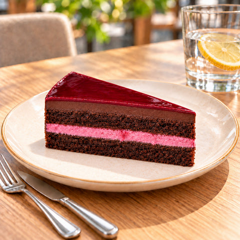 Felie de tort cu blat de cacao, cremă de cacao, cremă cu vișine și glazură de vișine – Vive! Pipera